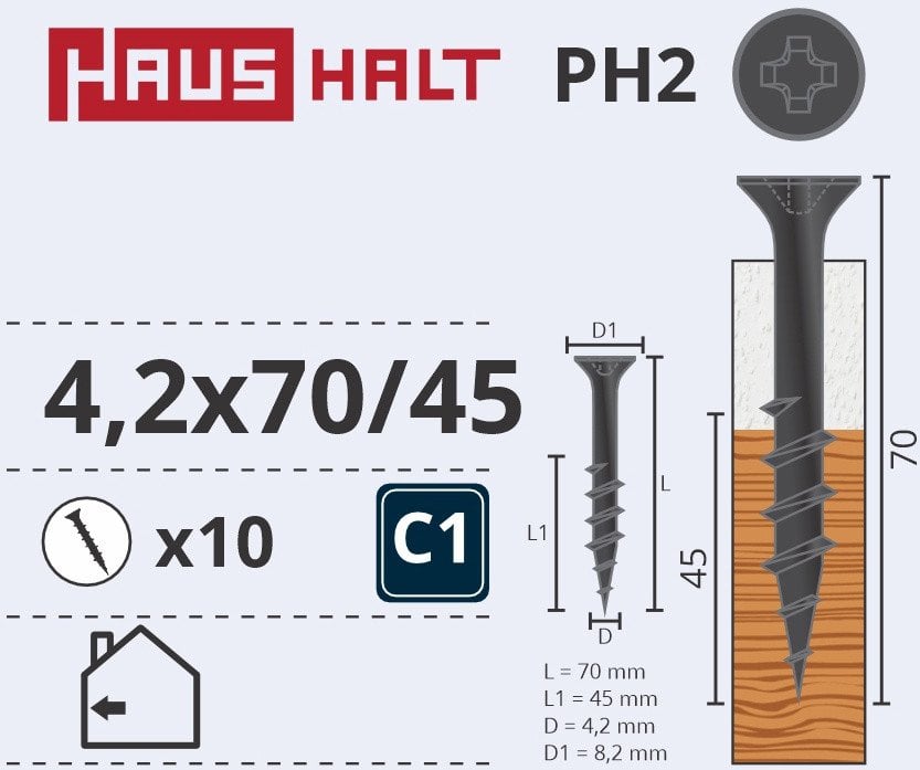 DRYWALL SCR FOR WOOD 4.2X70/45 10PCS O2
