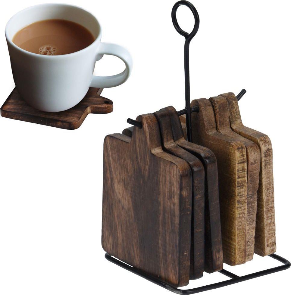 Home Styling Collection Podstawka podkładka drewniana pod kubek garnek 6 szt + stojak metalowy