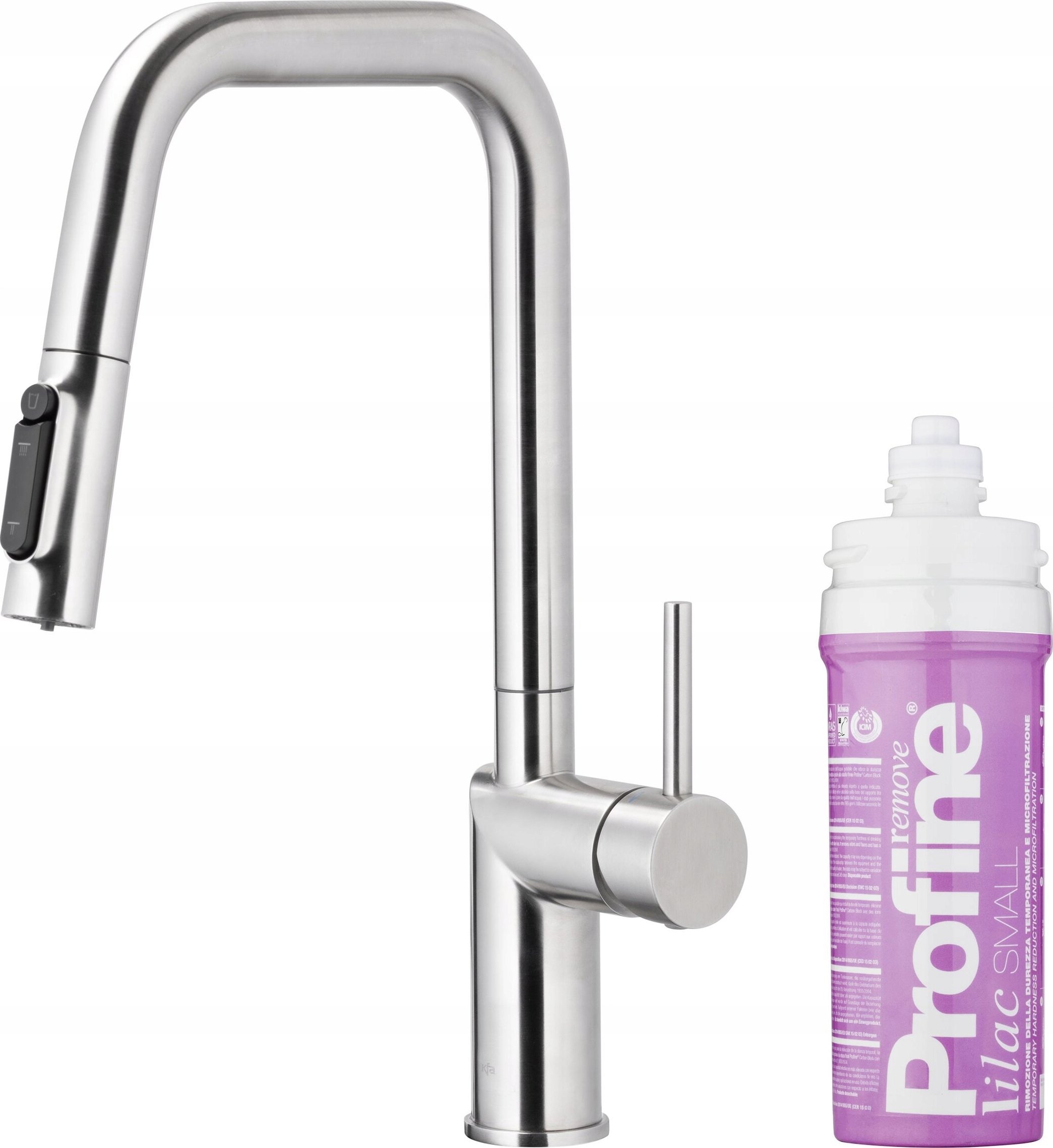 Bateria kuchenna KFA DUERO PURE STYLE PULL-OUT BATERIA KUCHENNA Z FUNKCJĄ FILTRACJI WODY I WYCIĄGANĄ WYLEWKĄ + ZESTAW FILTRUJĄCY PROFINE LILAC S, INOX