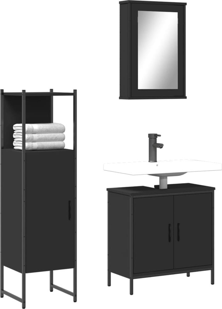 vidaXL vidaXL 3-cz zestaw mebli łazienkowych, czarny, materiał drewnopochodny