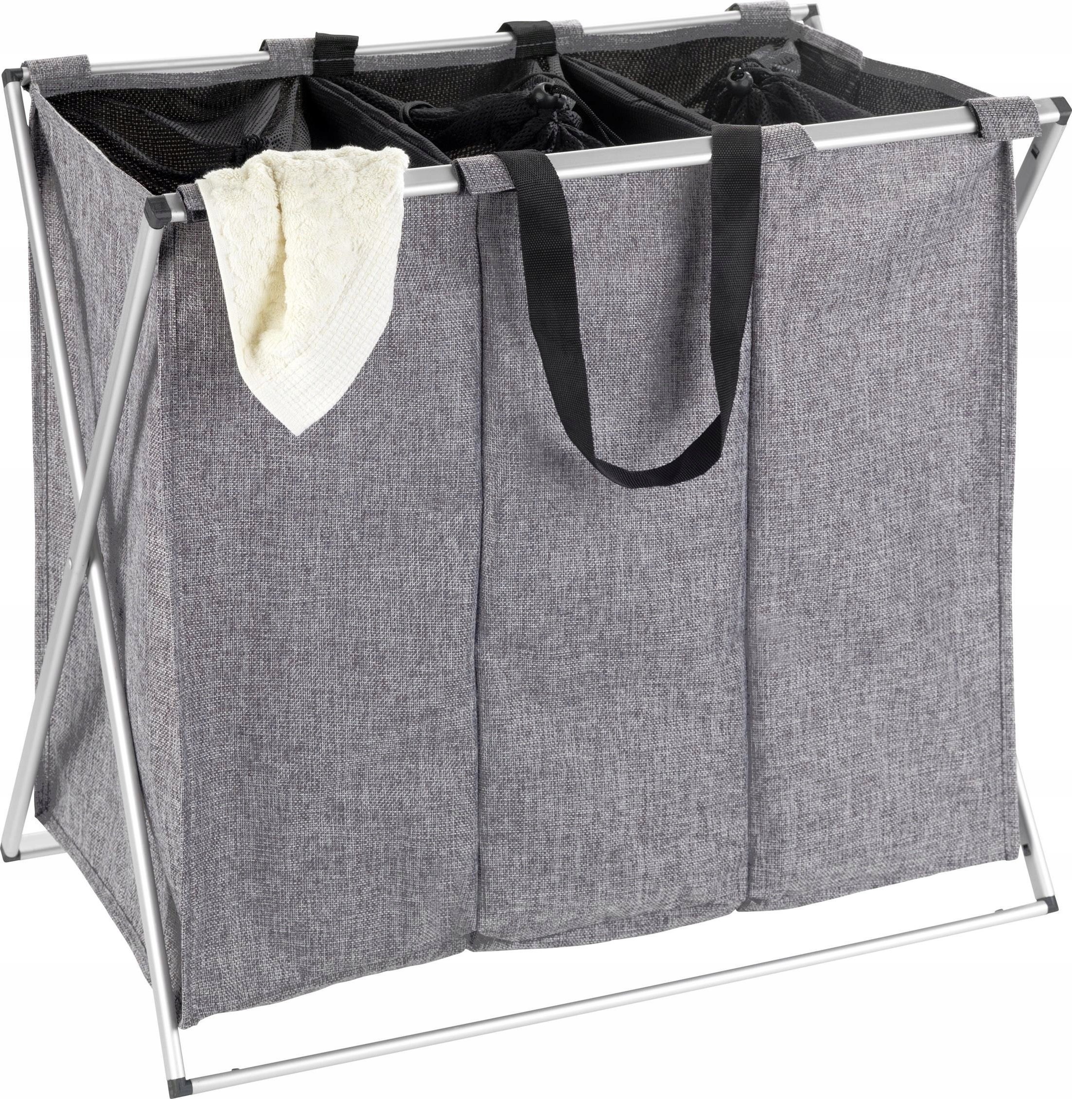Kosz na pranie Wenko Składany kosz na pranie Trio w kolorze szarym, o pojemności 130 l, z 3 oddzielnymi przegrodami oraz z aluminiową ramą, marka WENK