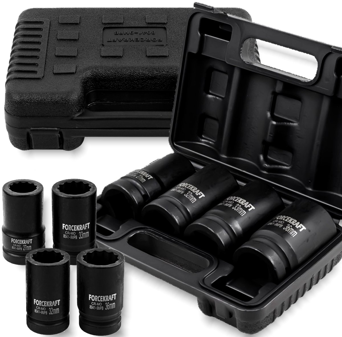 FORCEKRAFT Zestaw 4 nasadek UDAROWYCH GŁĘBOKICH w walizce 1" 12-kątne 27-36mm
