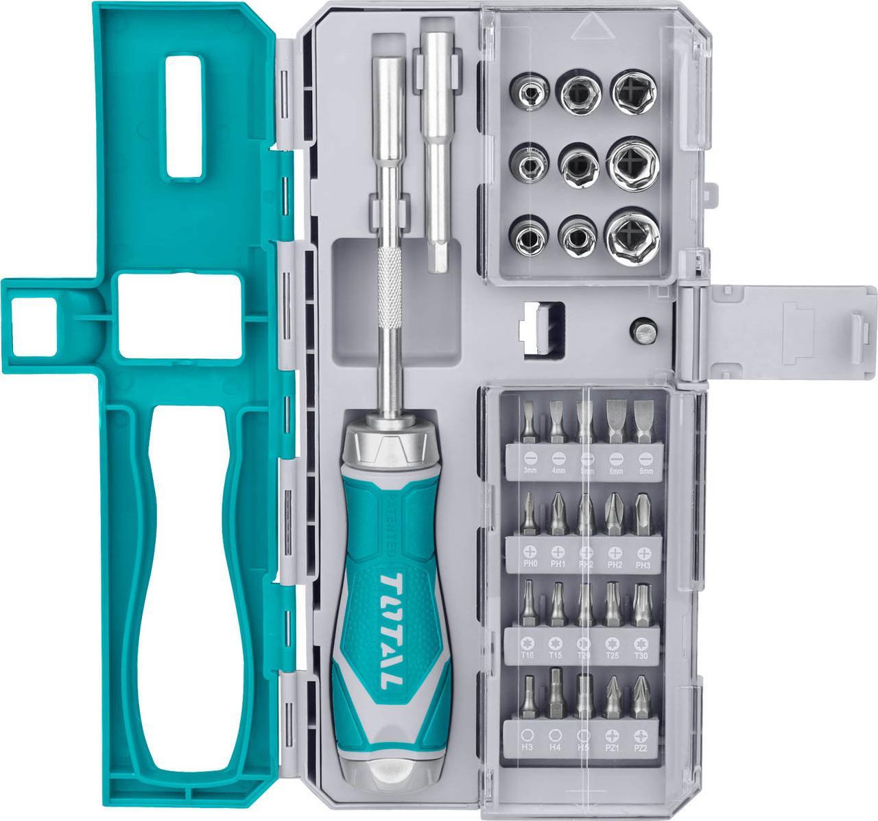 Total Zestaw bitów i nasadek przedłużka rękojeść z grzechotką 33 elementy