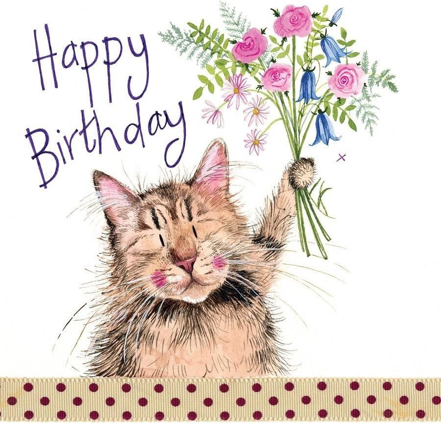 Karnet Urodziny S162 Kot z bukietem