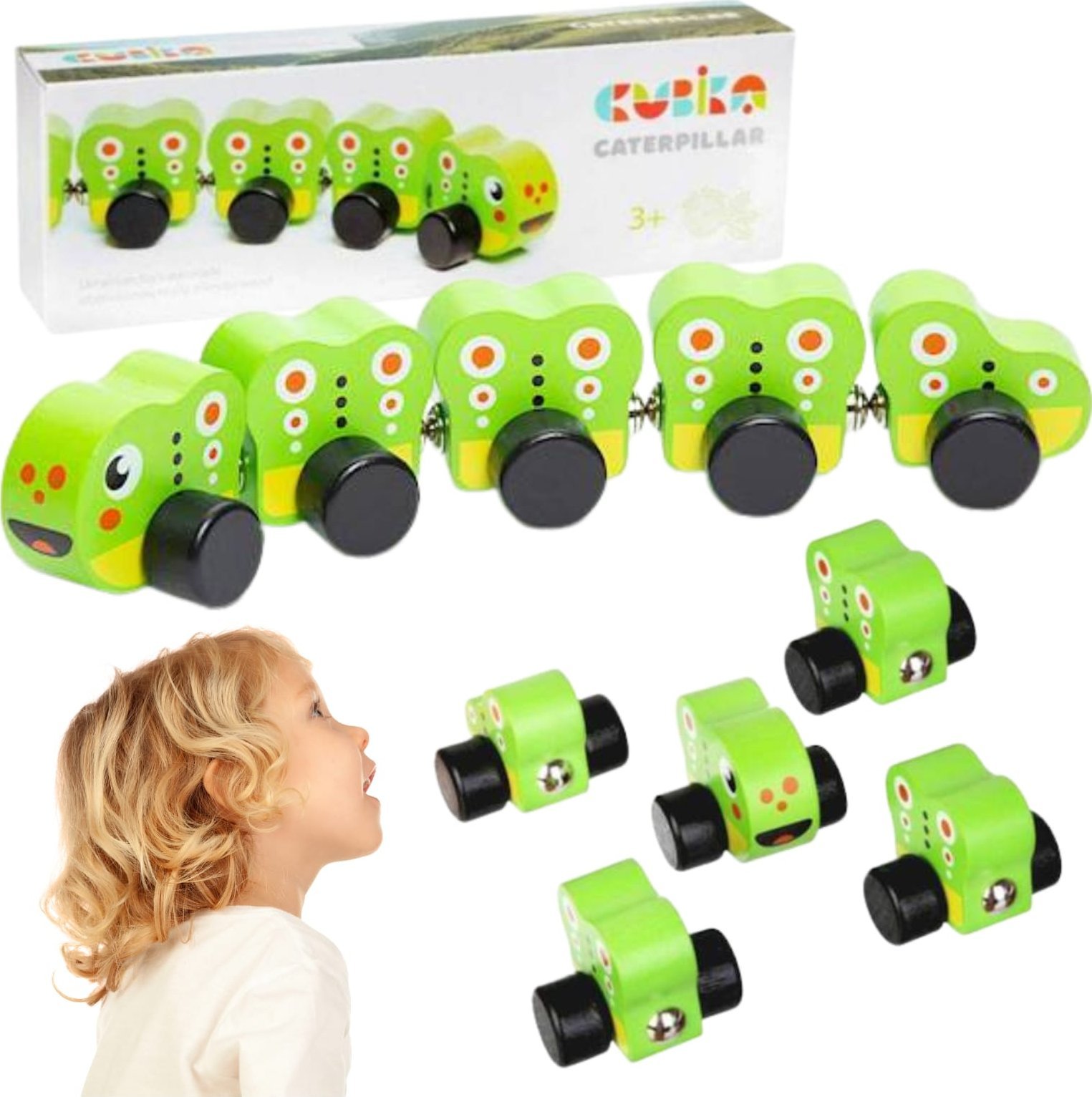 Cubika DREWNIANA GĄSIENICA Z MAGNESAMI ZESTAW PIĘĆ ELEMENTÓW ZABAWKA EDUKACYJNA