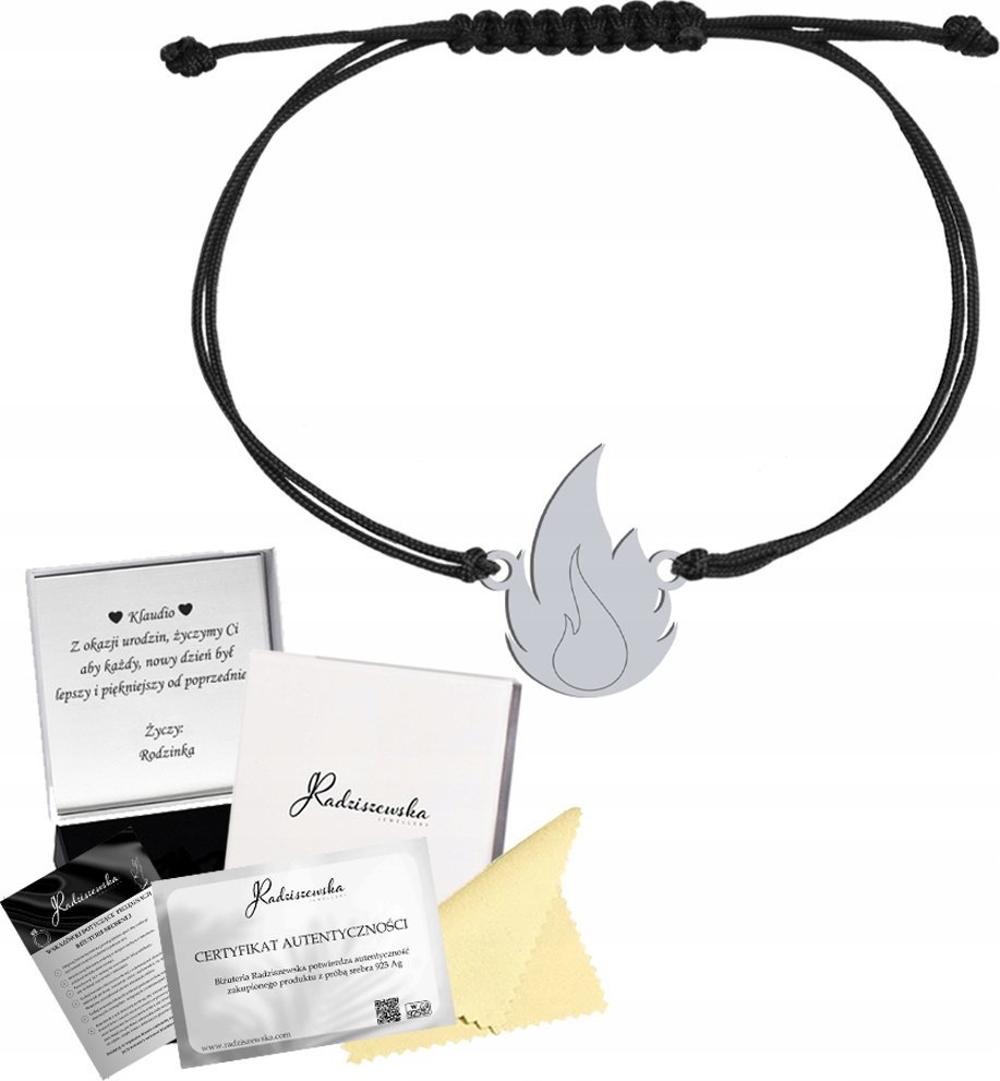 Radziszewska Jewellery BRANSOLETKA SREBRNA PŁOMIEŃ 925 SZNUREK PREZENT KOBIETA ŻYCZENIA GRATIS