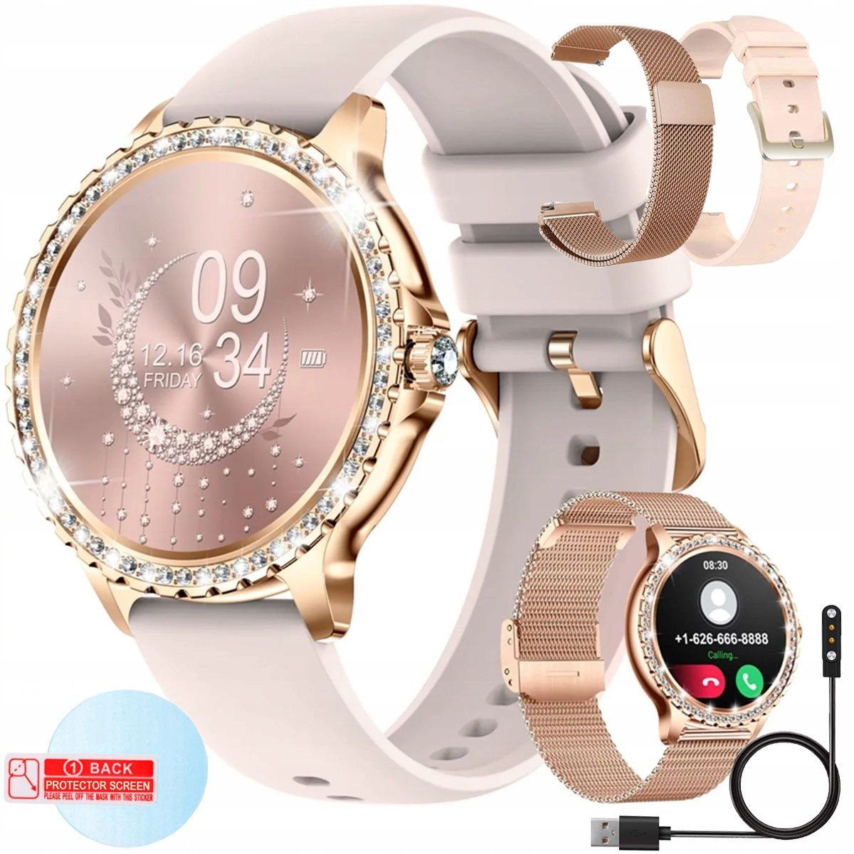 SMARTWATCH ZEGAREK DAMSKI ROZMOWY POWIADOMIENIA ZDROWIE SPORT PULS