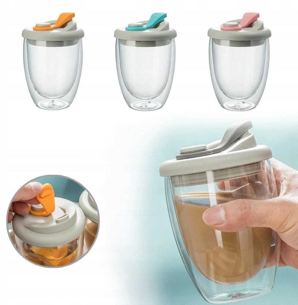 SZKLANKA TERMICZNA z POKRYWKĄ Szklana na KAWĘ 350