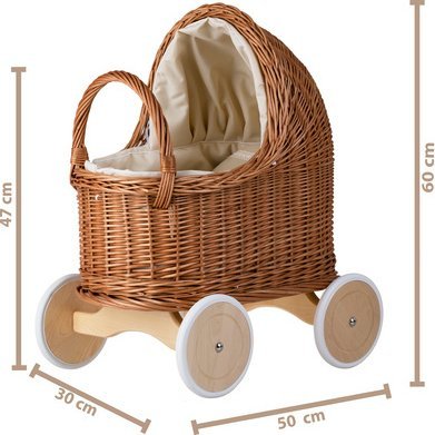 WickerPL LARA XL WÓZEK DLA LALEK Z BEŻOWĄ POŚCIELĄ 50X30 H47/60 CM