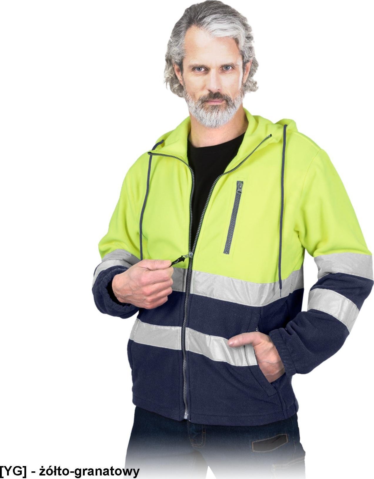 R.E.I.S. POLSTRIP-HD - bluza polarowa, stójka, pasy odblaskowe, stały kaptur, dzianina 100% poliester 290 g/m - żółto-granatowy 3XL