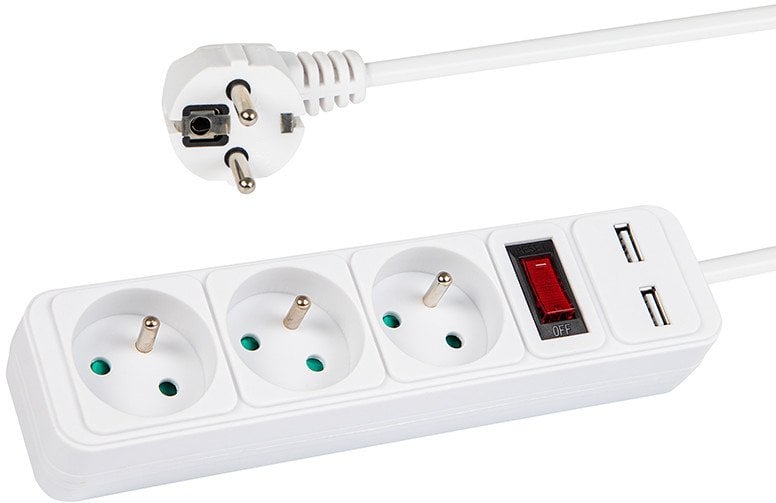 98-781# Przedłużacz sieciowy pr-370wsp/usb 3-gniazda+usb z uziemieniem+wyłącznik 3m biały 3x1,5mm