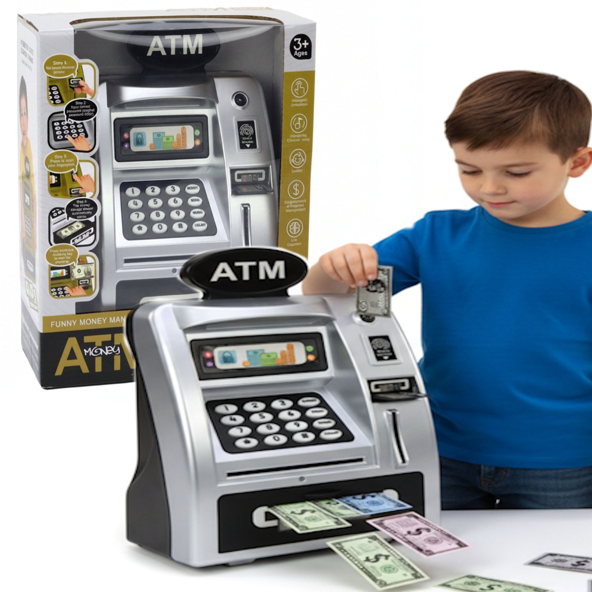 Coil skarbonka bankomat sejf interaktywny pin banknoty srebrno-czarny