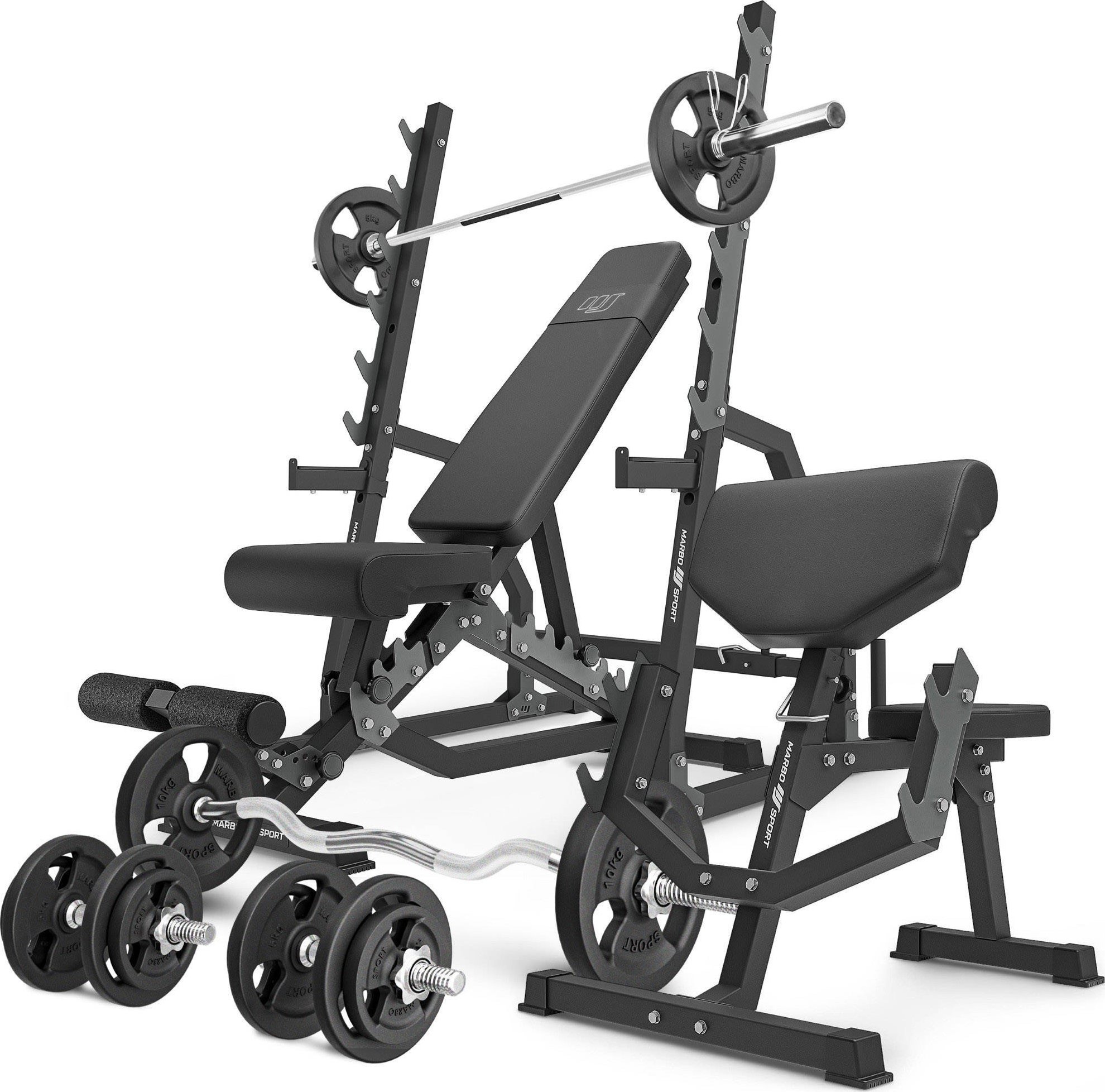 Zestaw MS6_2.0_83KG | Ławka dwustronna + stojaki bramowe + Ławka Scotta (modlitewnik) z regulacją podparcia + zestaw gryfów i obciążeń 83 kg - Marbo S