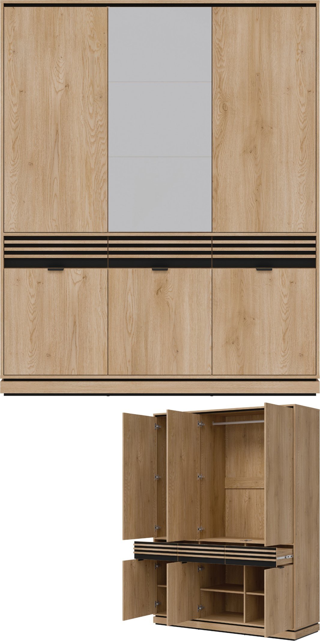 Szafa pokojowa z szufladami i lustrem Lamele Dąb Cremona Czarny FERRO FE09