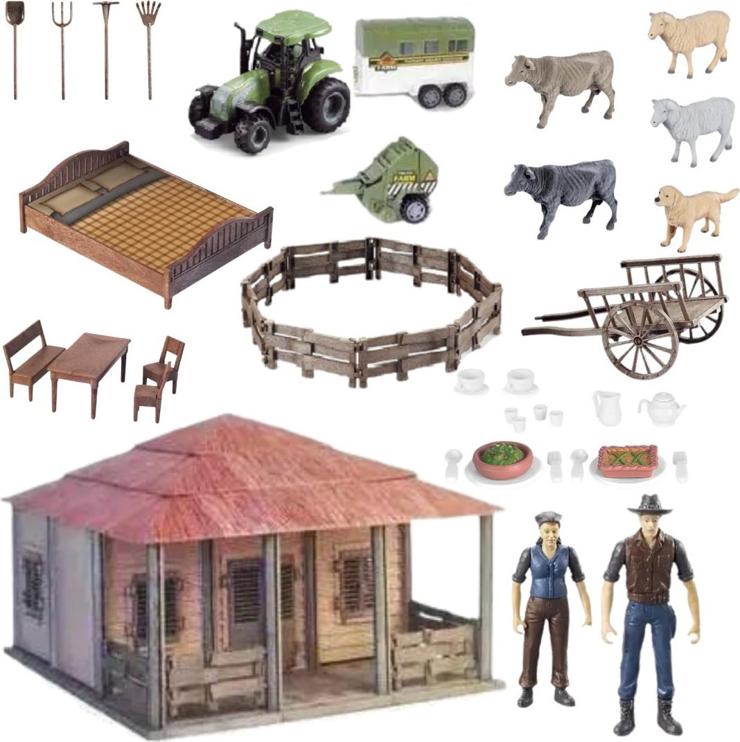 ProNice ZESTAW FARMA ROLNIK GOSPODYNI DOMEK ZWIERZĘTA TRAKTOR Z NACZEPĄ NARZĘDZIA
