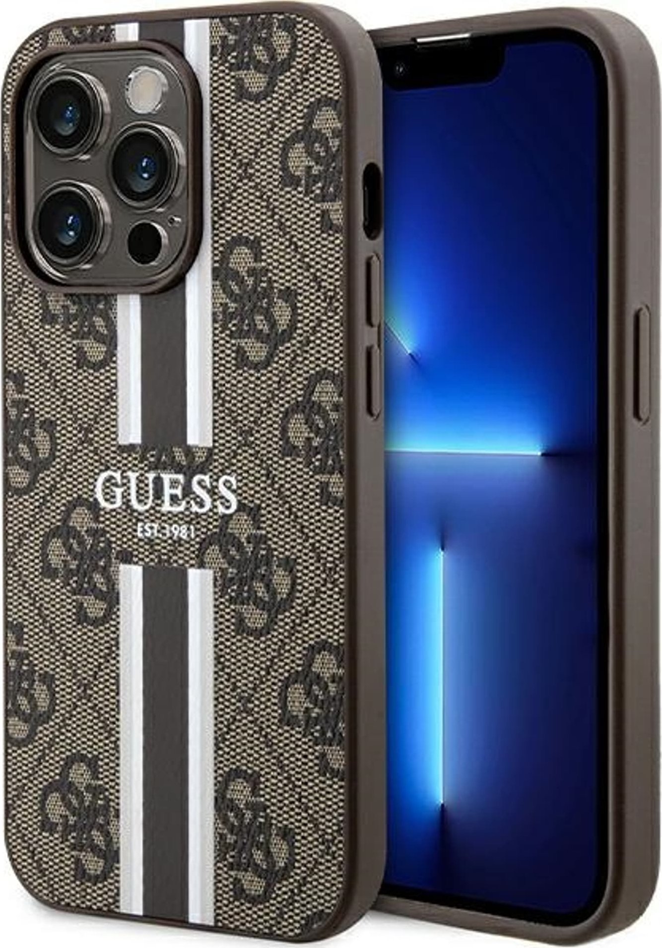 Guess GUHMP15LP4RPSW iPhone 15 Pro 6.1" brązowy/brown hardcase 4G Printed Stripes MagSafe
