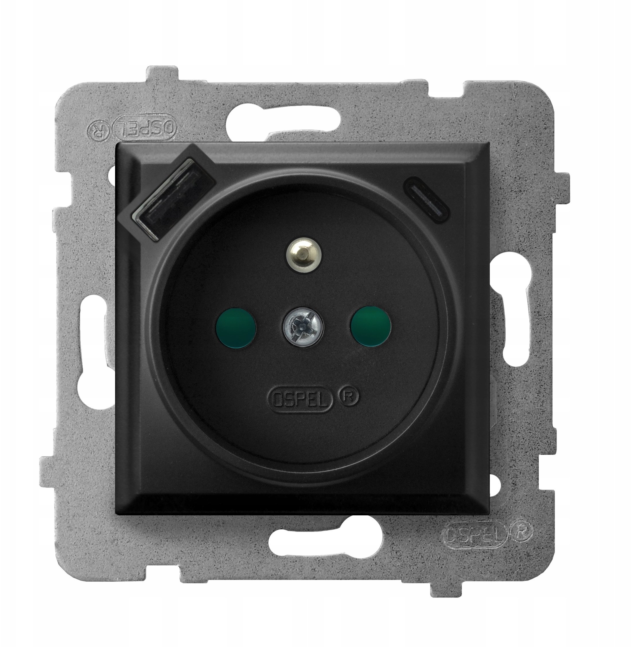 Ospel Gniazdo pojedyncze gniazdo z uziemieniem i przesłonami torów prądowych z ładowarką USB A+C czarny metalik GP-1UZPUSBAC/m/33