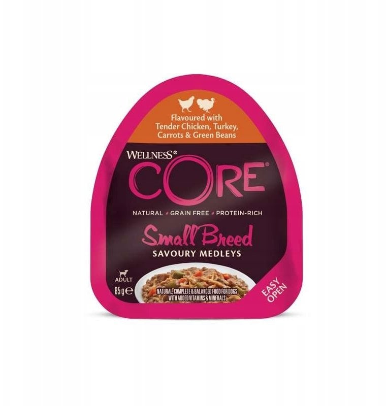 Dolina Noteci Core Small Breed Savoury Medleys karma mokra dla dorosłych psów małych ras kurczak indyk marchew zielona fasolka 85g szalka