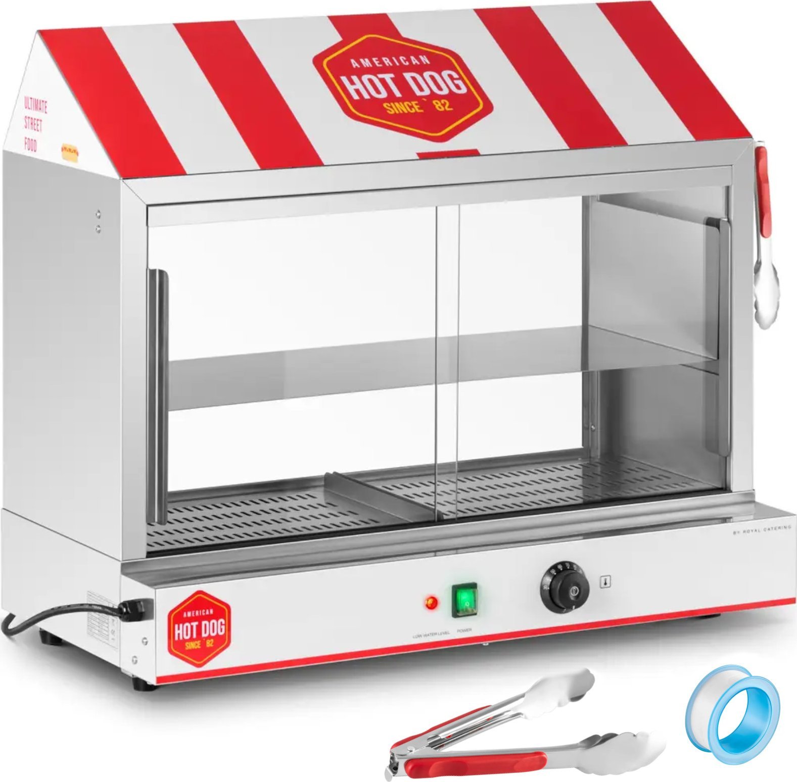 Royal Catering Podgrzewacz witryna grzewcza do hot dogów na 300 parówek 100 bułek 30 - 110 C 2400 W Podgrzewacz witryna grzewcza do hot dogów na 300 p