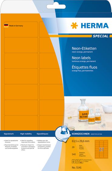 Herma Etykiety kolorowe 5141, A4, 63.5 x 29.6 mm, papier matowy jaskrawy pomarańczowy, 540 szt (5141)