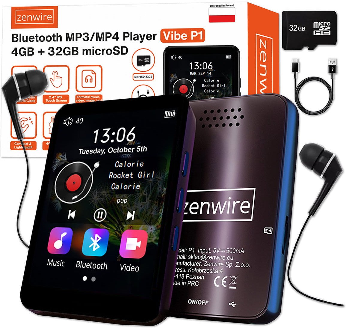 Odtwarzacz Przenośny MP3 MP4 Bluetooth Radio FM Dyktafon SD Słuchawki 36GB
