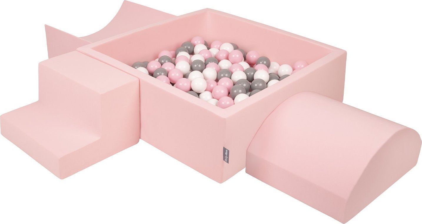 KiddyMoon Piankowy plac zabaw PPZP-KW30D-134 z piłeczkami różowy: biały-szary-pudrowy róż basen 200/rampa L/półwałek L/schodek Zabawka plac zabaw