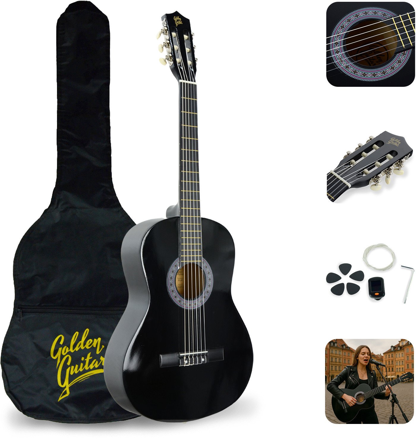 Gitara klasyczna 39" 4/4 czarna+ akcesoria GK39CZ Golden Guitar one size