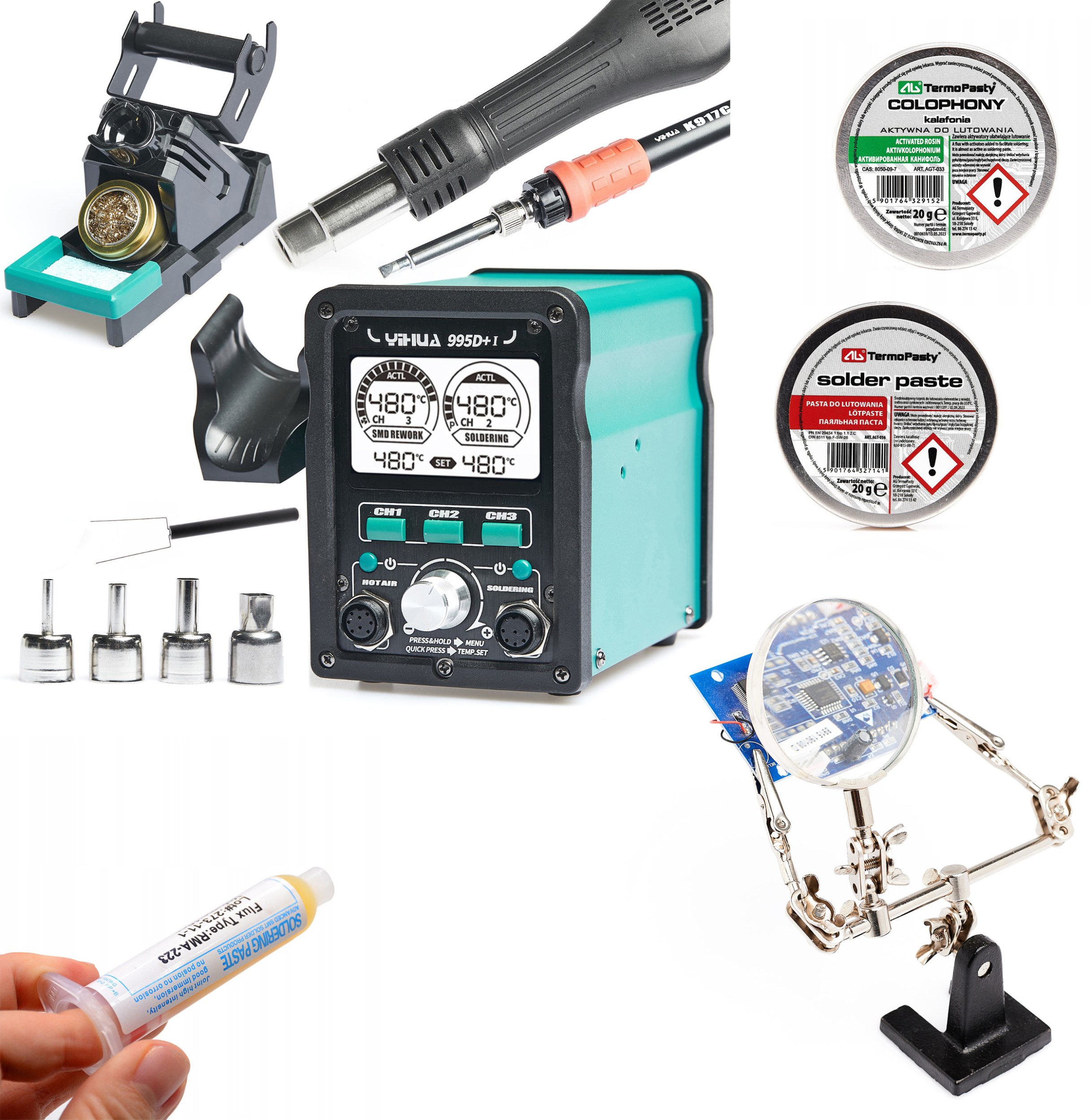 Stacja Lutownicza Hot-Air 2w1 Yihua 995D+-I 810W Zestaw Akcesoriów Topnik