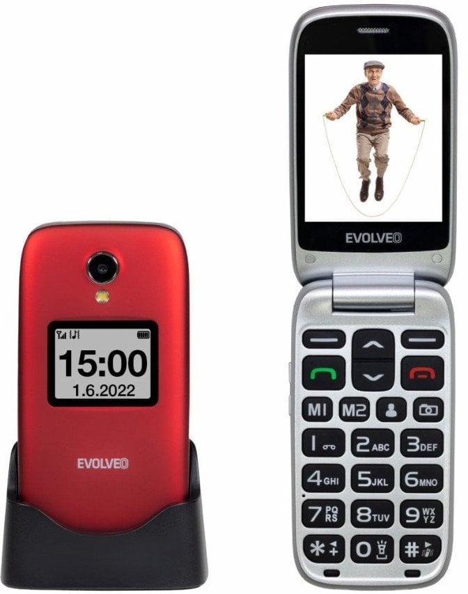 Telefon komórkowy Evolveo EVOLVEO EasyPhone FS, vyklápěcí mobilní telefon 2.8" pro seniory s nabíjecím stojánkem (červená barva)