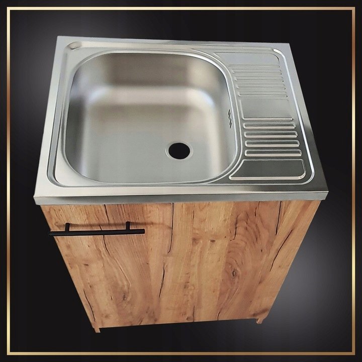 Szafka Kuchenna Zlewozmywak Dąb Złoty 60 x 60 Bateria Ścienna Chrom Syfon