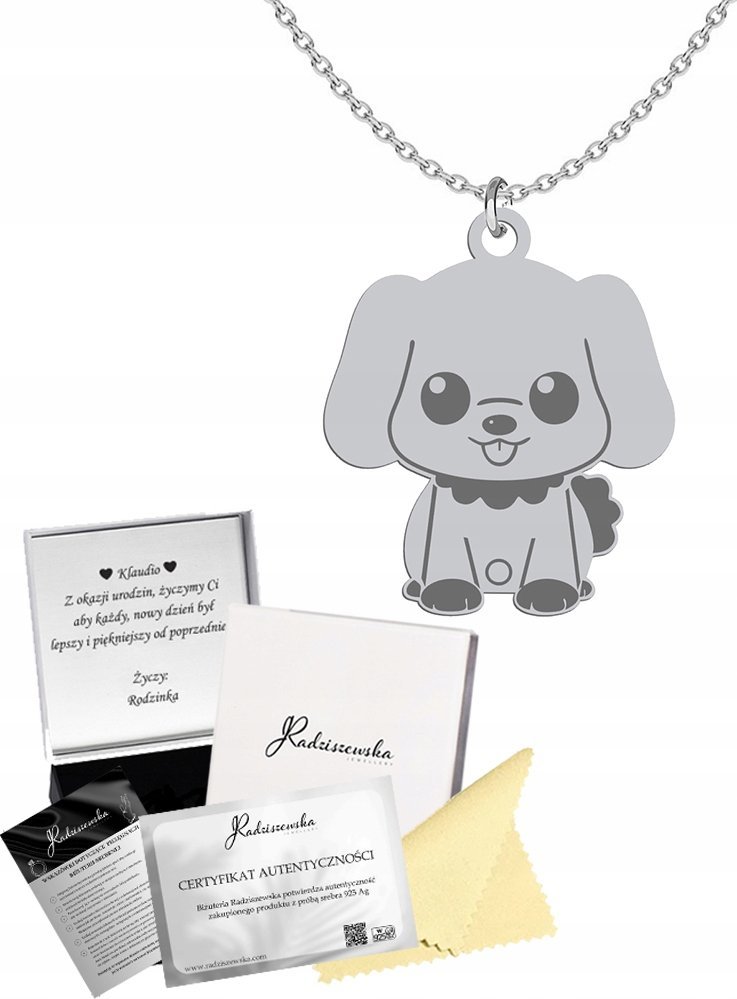 Radziszewska Jewellery Naszyjnik Srebrny z Pieskiem SREBRO 925 Dziecko Prezent GRAWER GRATIS
