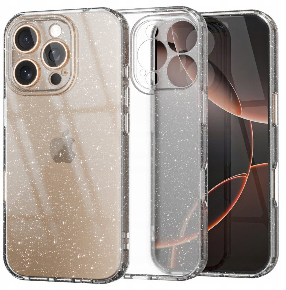 Etui brokatowe do iPhone 16 Pro, przezroczyste