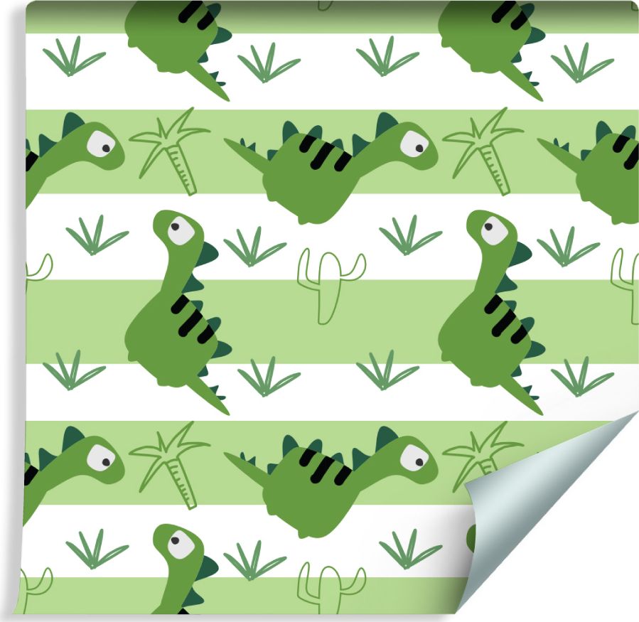 Muralo Tapeta Dla Dzieci - Dinozaury na Tle Zielono - Białych Pasków
