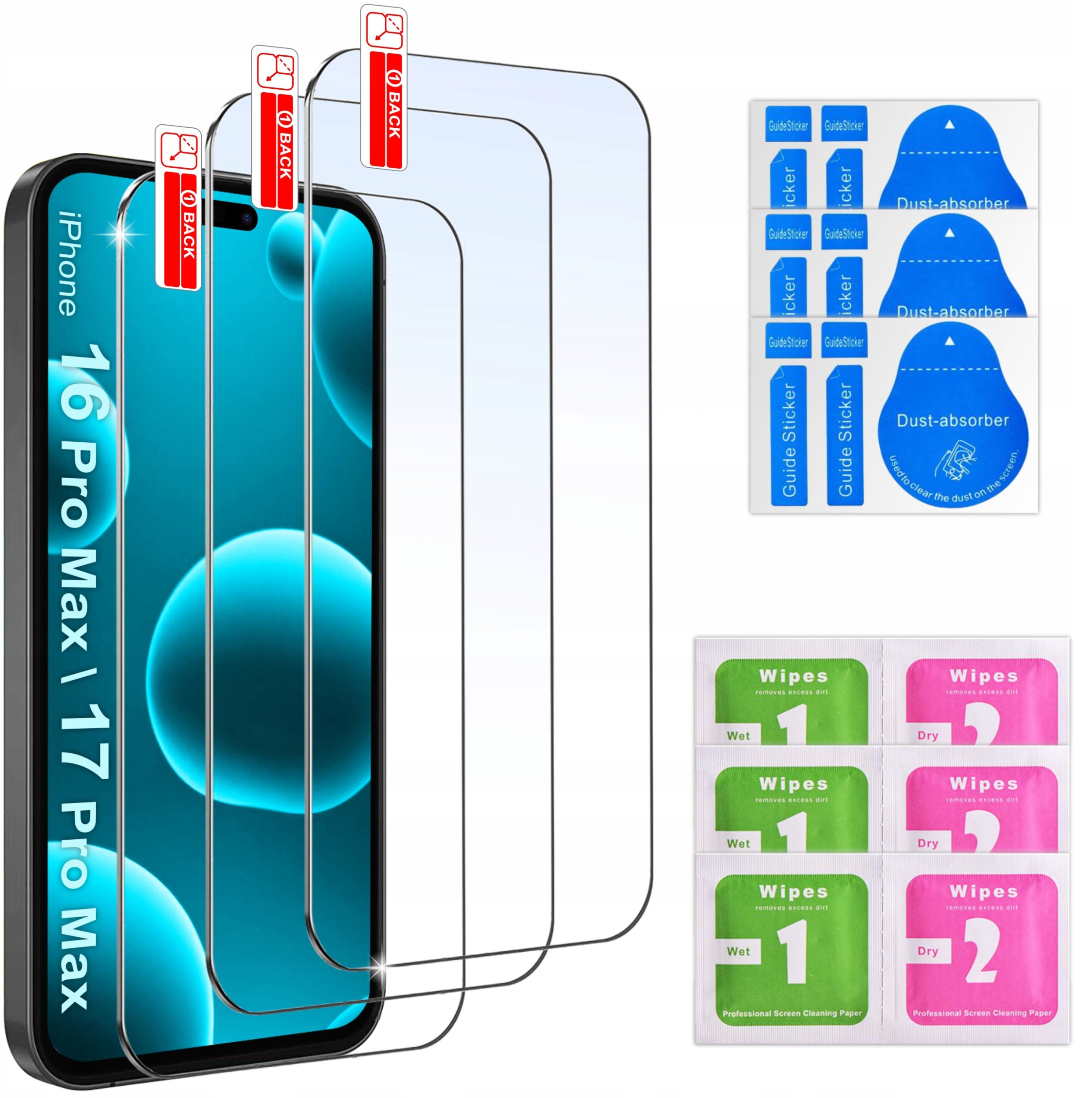 3x SZKŁO HARTOWANE SZYBKA 9H do iPhone 16 Pro Max 17 Pro Max zestaw 3 sztuk