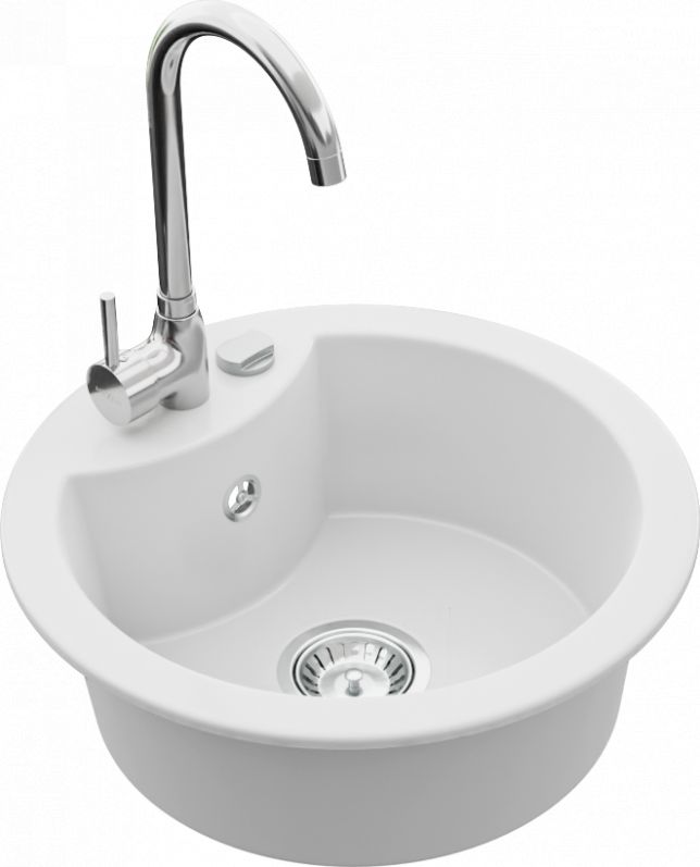 Zlewozmywak Mexen Diego granitowy 1-komorowy z baterią kuchenną Telma, biały - 6512-20-670200-00