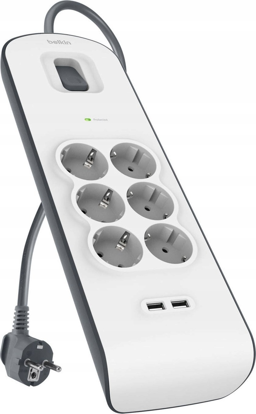 Belkin Listwa zasilająca przeciwprzepięciowa 650J, 6 gniazd Schuko, 2x USB-A, 2m