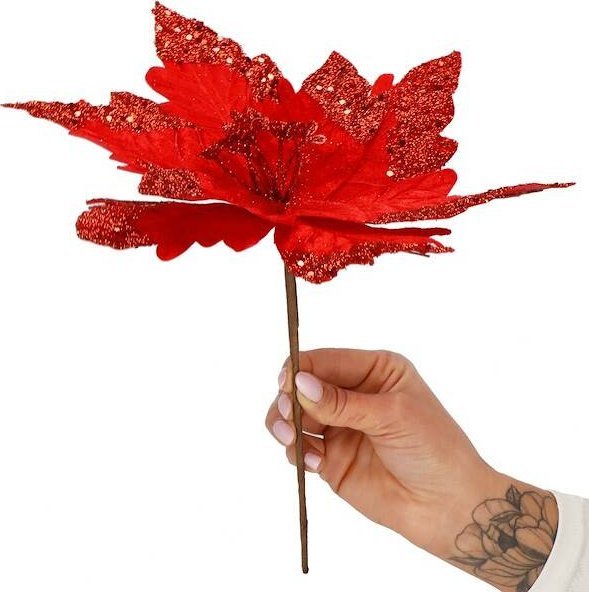 Springos Gwiazda betlejemska, sztuczny kwiat poinsecja 28 cm czerwona z brokatem UNIWERSALNY