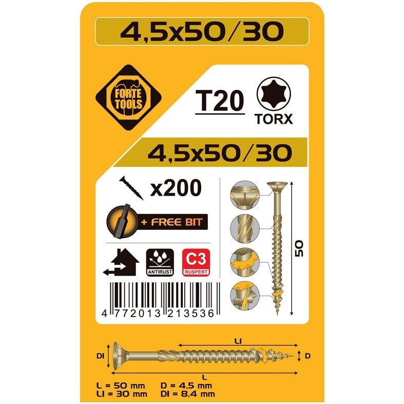 CHIPBOARD SCR T20 4.5X50/30 RSP(200)