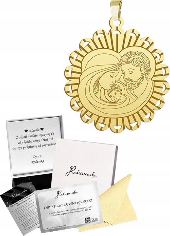 Radziszewska Jewellery Złoty Medalik na KOMUNIĘ Święta Rodzina Prezent SREBRO 925 Komunia Chrzest