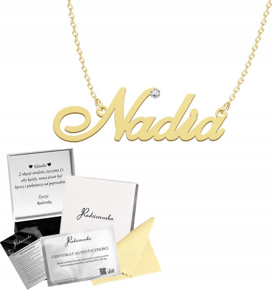 Radziszewska Jewellery Złoty Naszyjnik z imieniem NADIA Łańcuszek SREBRO 925 Prezent Dedykacja