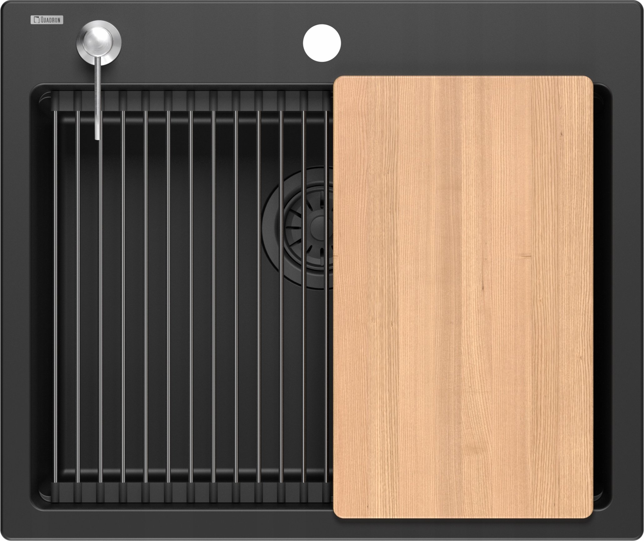 Zlewozmywak GraniteQ Quadron | KURT 110 | kuchenny zlewozmywak granitowy CZARNY mat | wymiary: 59,5 x 50 x 21,5 cm | akcesoria: syfon, dozownik, deska