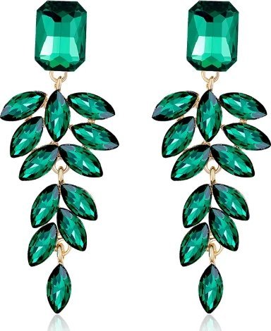 KOKONET Długie złote zielone kolczyki z listkami i cyrkoniami eleganckie wieczorowe