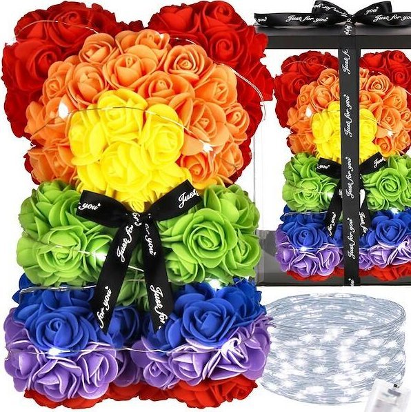 Springos Miś z płatków róż kolorowych 25 cm rose bear z lampkami LED biały zimny UNIWERSALNY