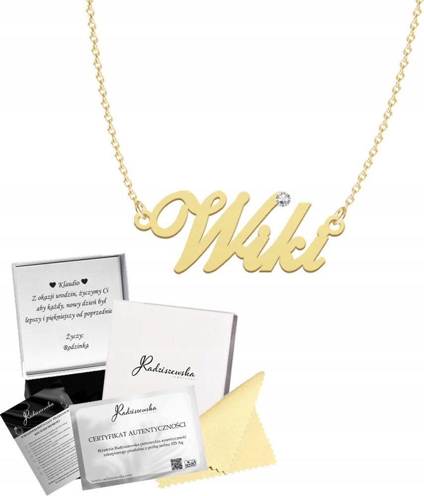Radziszewska Jewellery Złoty Naszyjnik z imieniem WIKI Łańcuszek SREBRO 925 TABLICZKA GRATIS