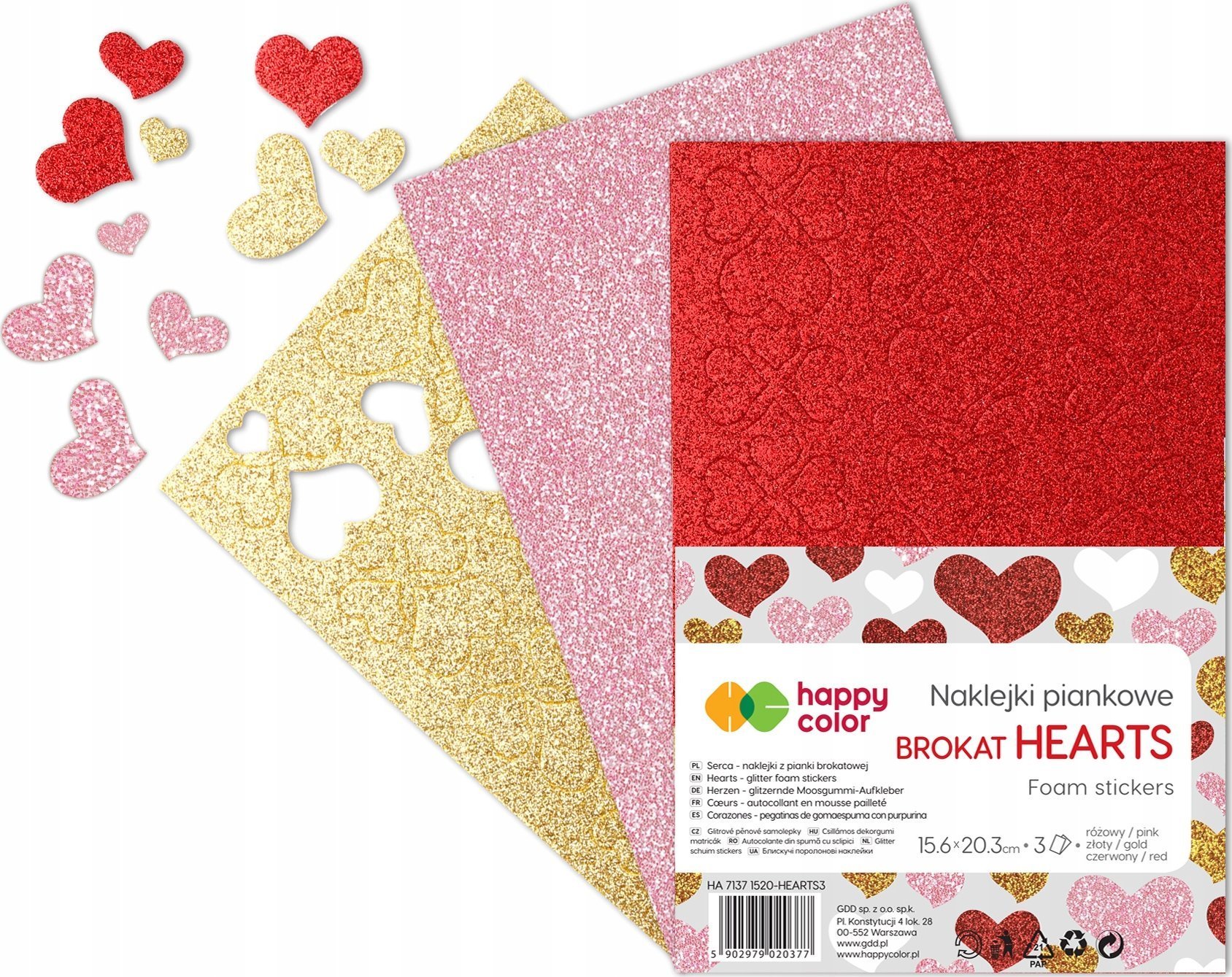 Happy Color Naklejki Serca brokatowe A5 3szt mix HAPPY COLOR