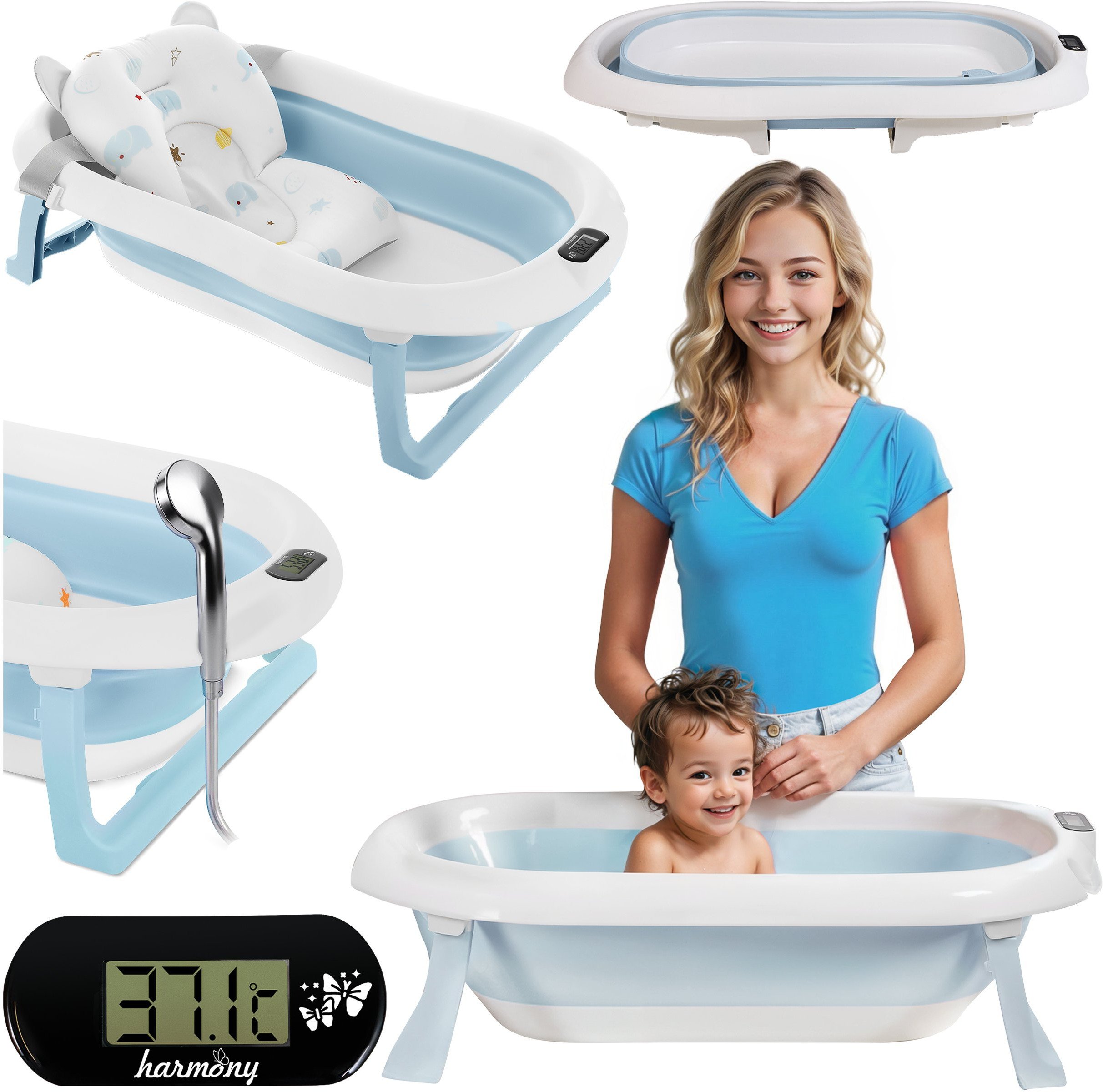 DWM WANIENKA DZIECIĘCA Z TERMOMETREM HARMONY NIEBIESKA PODUSZKI SŁONIKI