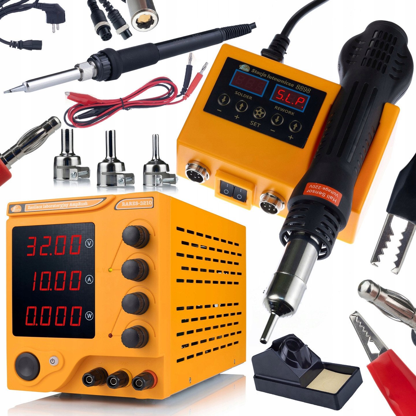 Rosfix Zasilacz laboratoryjny Rosfix AmpRush RARES-3210 32V 10A + Stacja lutownicza 2w1 (Hot-Air i 900M) Rosfix Orange Husky OH660 Seria Electric S