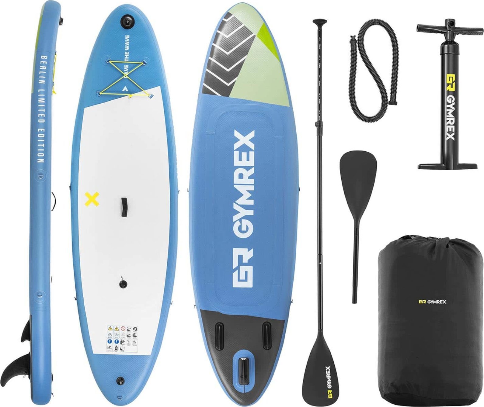 Gymrex Deska do pływania SUP pompowana dwukomorowa z akcesoriami 105 kg - jasnoniebieska Deska do pływania SUP pompowana dwukomorowa z akcesoriami 105