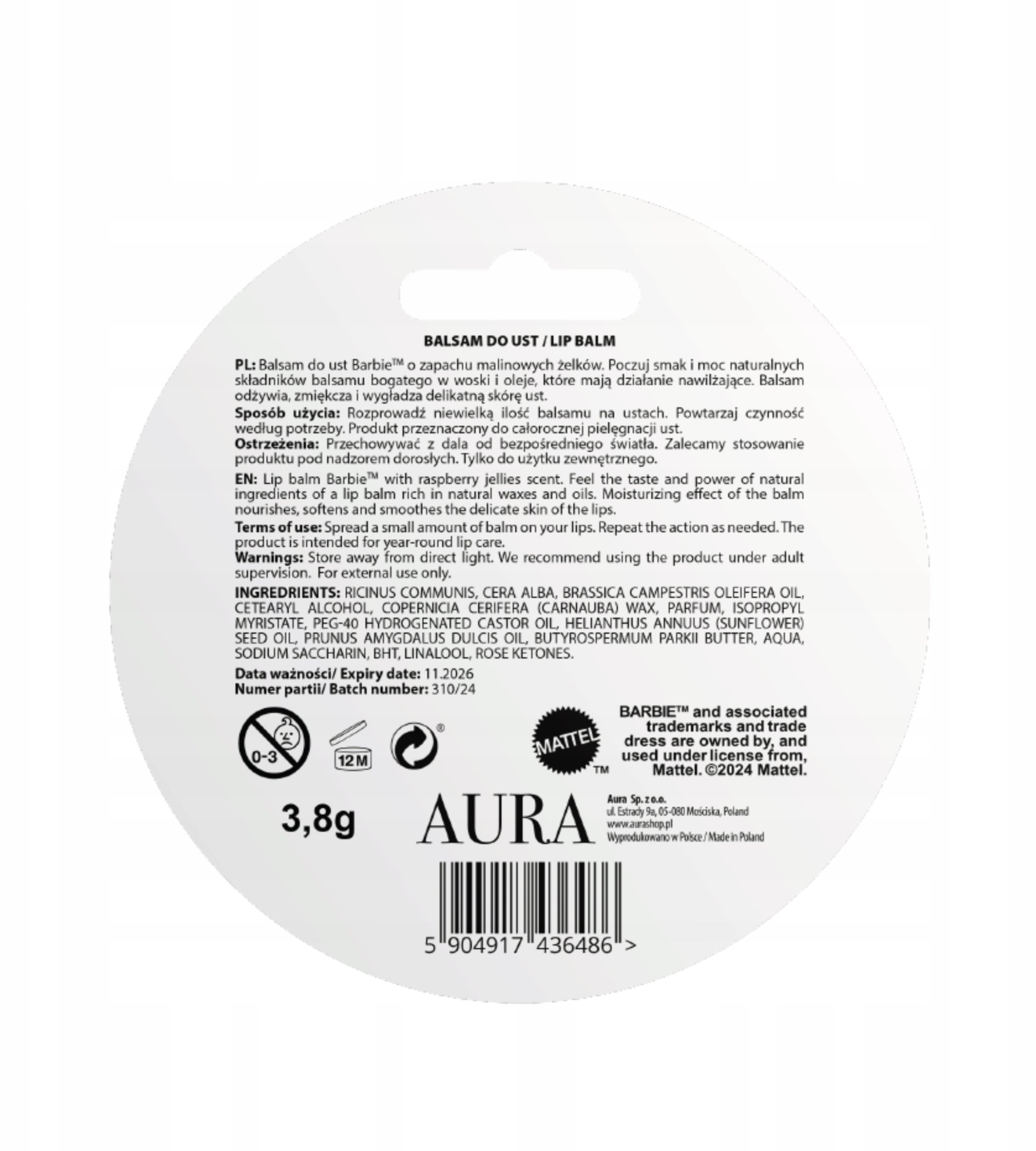 BARBIE_Pomadka do ust Malinowe Żelki 3,8g