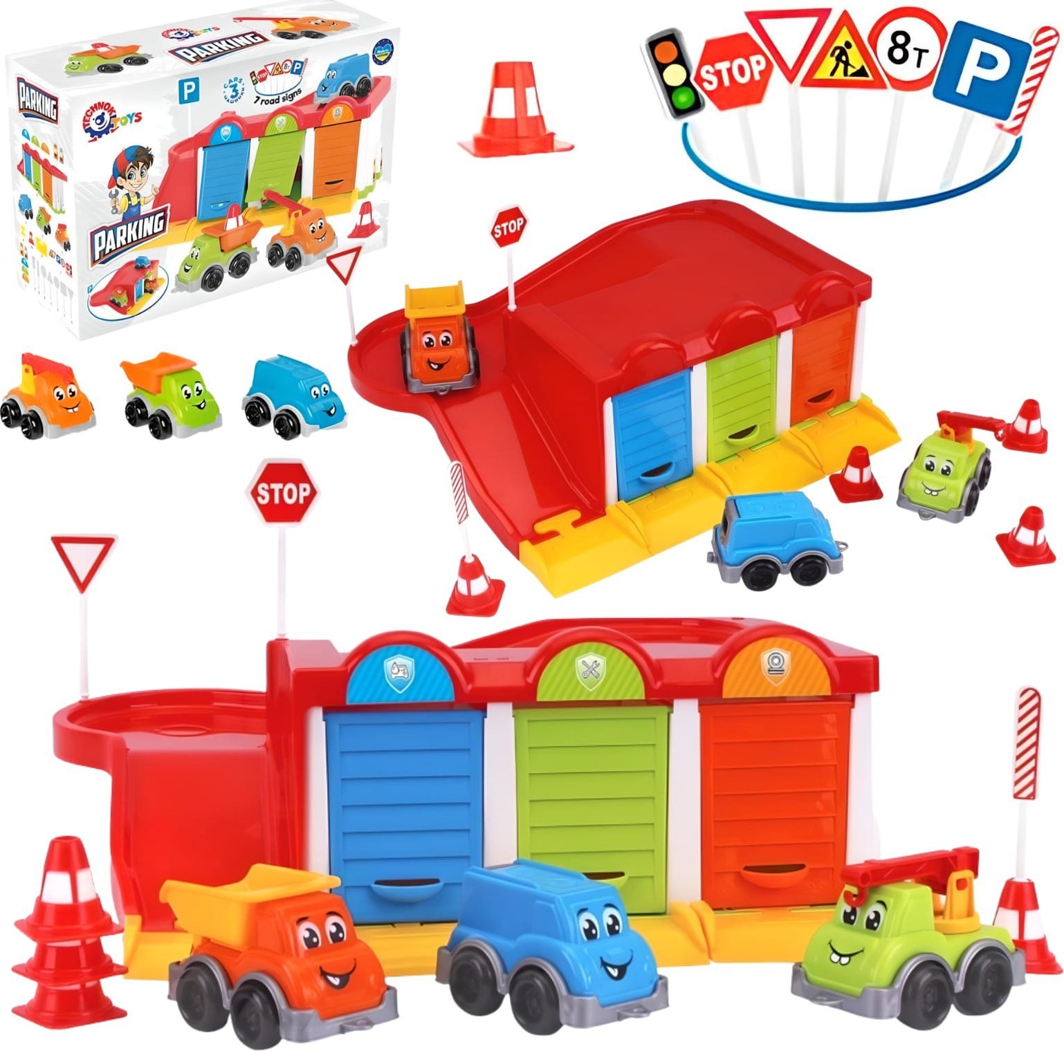 Technok ZESTAW PARKING Z 3 SAMOCHODZIKAMI DLA DZIECI KOLOROWY PARKING ZJAZD ZNAKI